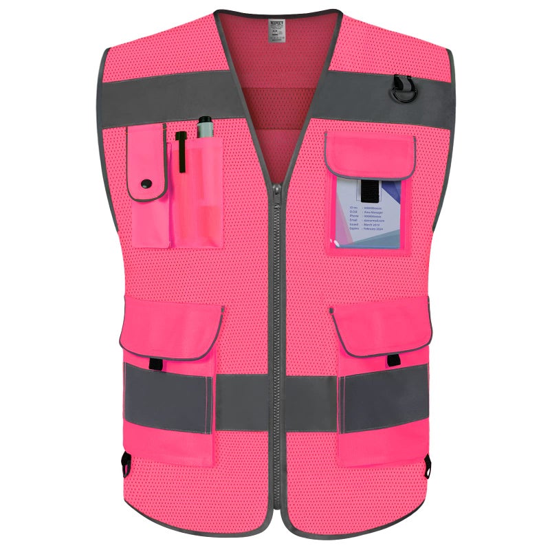 TCCFCCT Mesh Reflective Safety Vest 9 Pockets High Visibility Vest for Men Women, Hi Vis Reflective Work Vest for Safety, Meets ANSI/ISEA Standards, (Pink, XX-Large) - Image 1